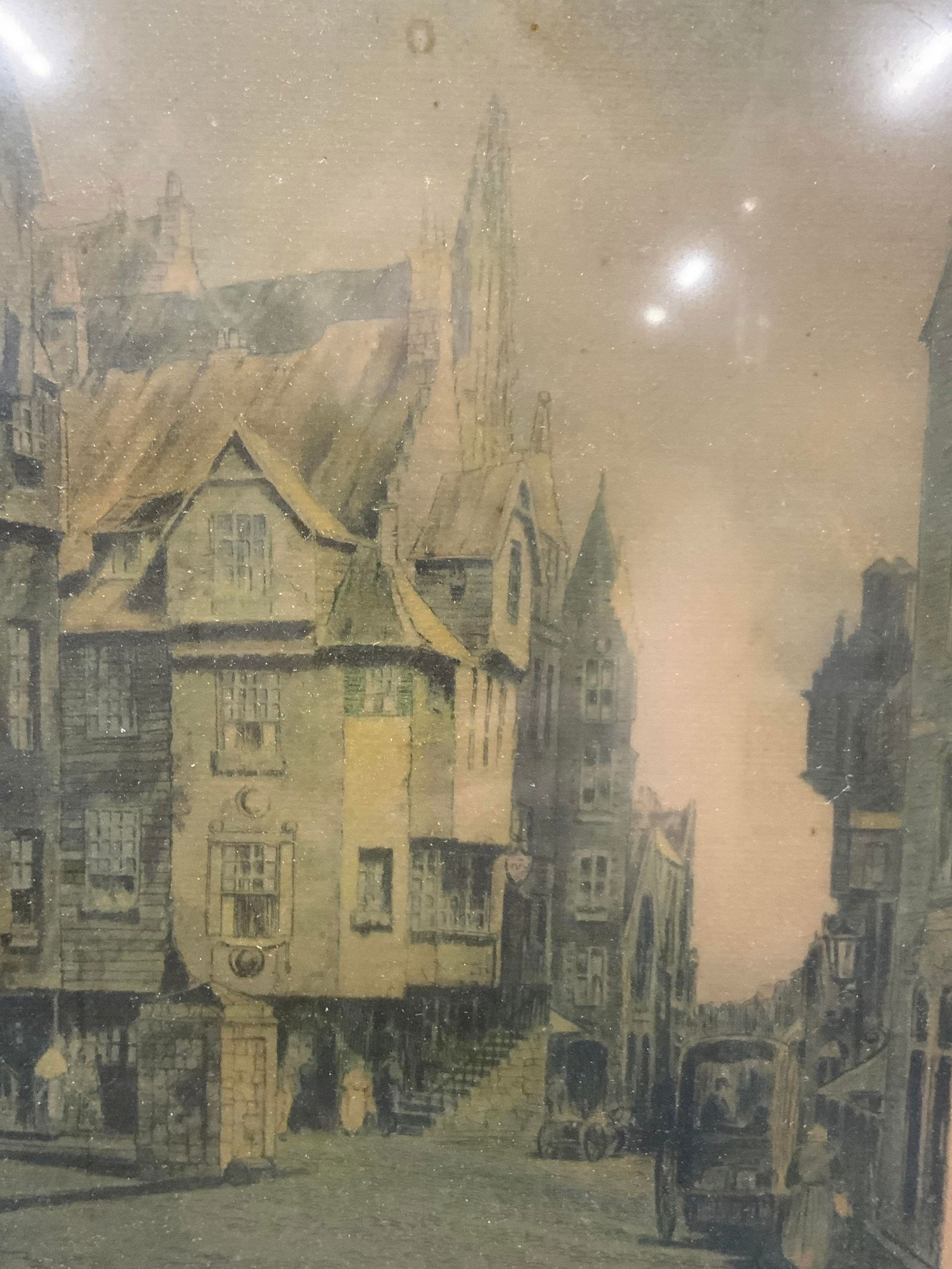 Claude Duval Sgd England Street Plate Engraving: Signed on margin, possibly reads England street, vague signature of Claude Duval. Depicts a street scene with an automobile on the road Framed in a gold leafed carved wooden frame with scrolled corner