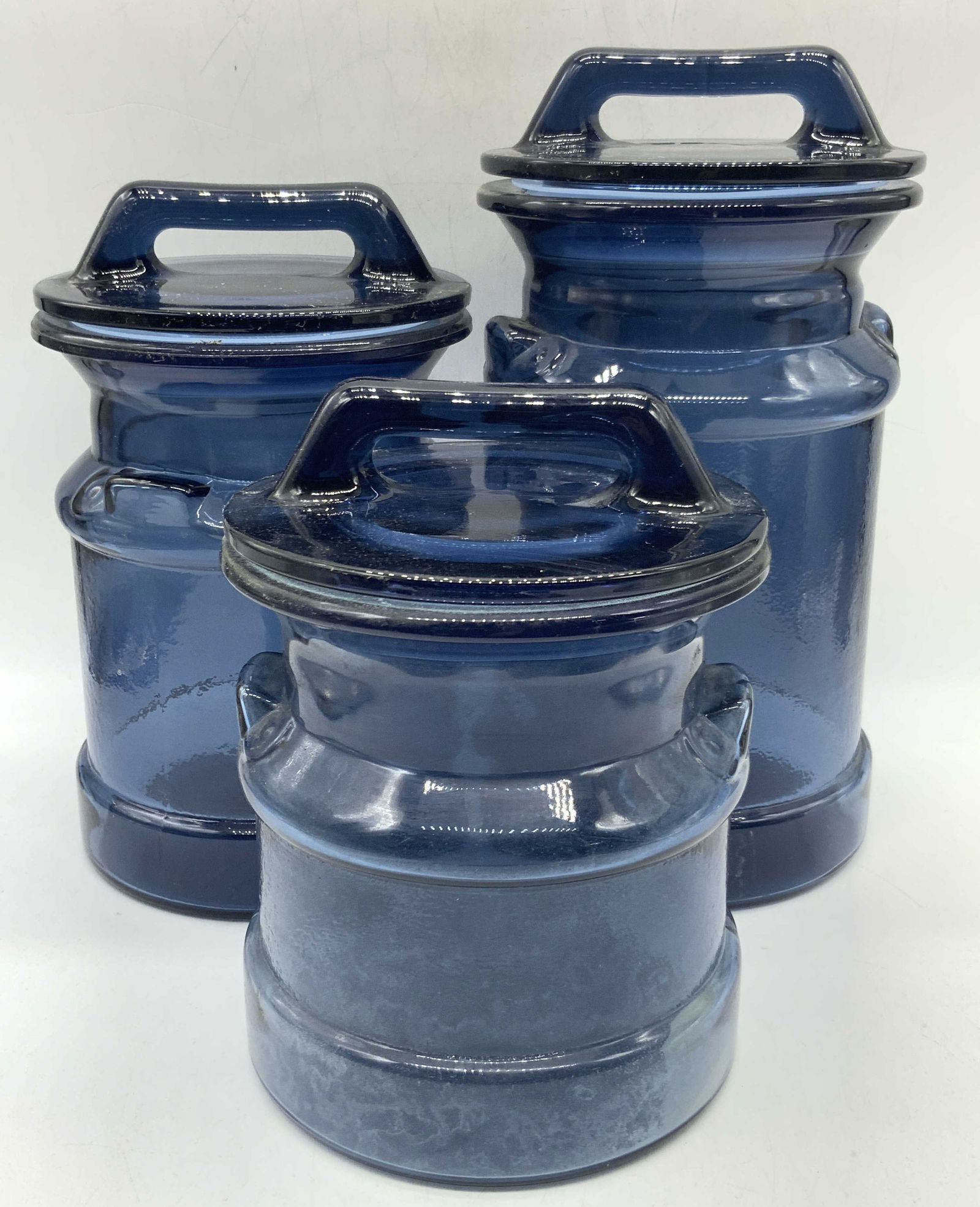 Set 3 Vtg Blue Glass Milk Canister Vessels 1970s (1 of 7)