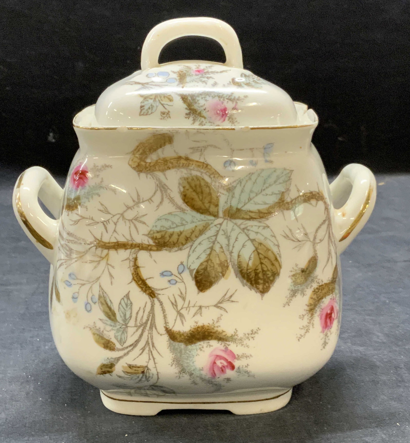 Vintage French Porcelain Sugar Jar: Vintage French porcelain sugar jar with lid. Hand painted botanical motif. Hallmarked illegibly to underside and marked MR. Measures approx. 6 x 4 x 6.75 inches. Surface wear including loss to paint, 