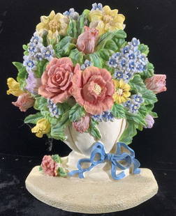 Flower Posey Painted Plaster Composite Door Stop: Heavy door stop , colorful flowers In a vase., made of plaster composite . Measures 10.5 in. Tall x 9.25 in wide x 3 in. Deep., Door stop, Painted floral doorstop, decorative arts, home decor and