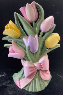 Hand Painted Cast Iron Tulip Doorstop: Colorful Tulip Doorstop in pink, yellow, green, and lavender. Cast iron . Measures 10 x 8 in. Depth is 3.25 in. Door stop, Painted cast iron tulip doorstop, decorative arts, home decor and