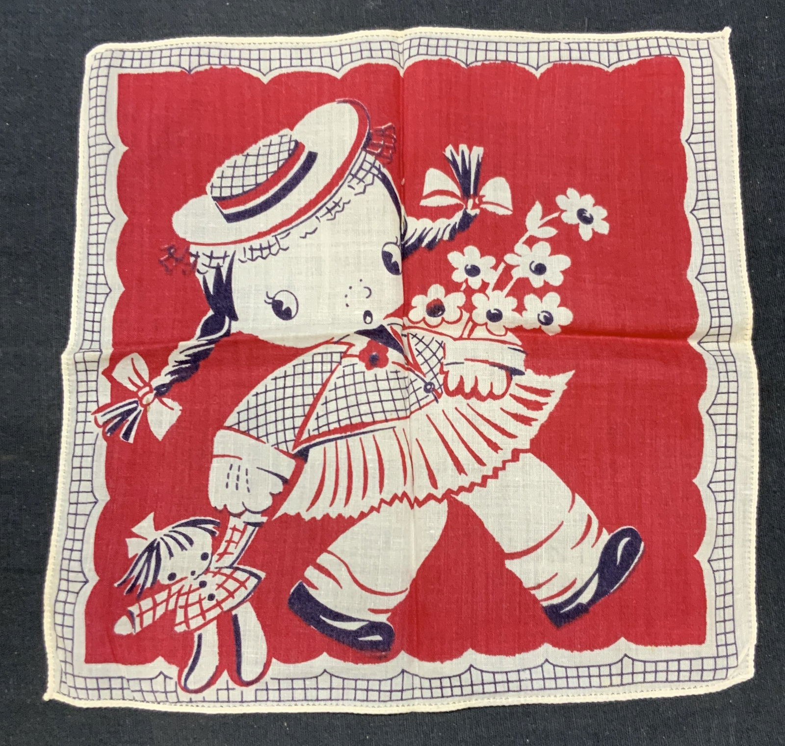 Vintage Red Cotton Figural Handkerchief: Vintage red and white Figural print handkerchief. Material feels like cotton. Measures approx. 8.25 x 8.25 inches. Some wear to material consistent with exposure. Handkerchief, vintage handkerchief, c