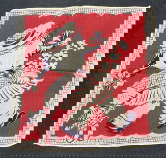 Vintage Red Cotton Figural Handkerchief: Vintage red and white Figural print handkerchief. Material feels like cotton. Measures approx. 8.25 x 8.25 inches. Some wear to material consistent with exposure. Handkerchief, vintage
