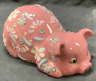 Teodoro Hand Painted Ceramic Pig Coin Bank: Marked Teodoro on underside, hand painted ceramic pig coin bank with floral motifs on body. Approx 4 inches tall and 7 inches long and 4 inches wide Minor wearing to ceramic coin bank. Vintage