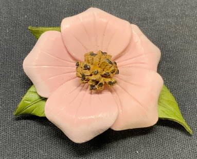 Handcrafted Pink Flower Leather Brooch, Canada: Handcrafted leather brooch with pink flower motif. Made in Canada. Measures approx. 2.5 inches wide. Some surface wear including scratching observed. Estate jewelry, costume jewelry, cocktail