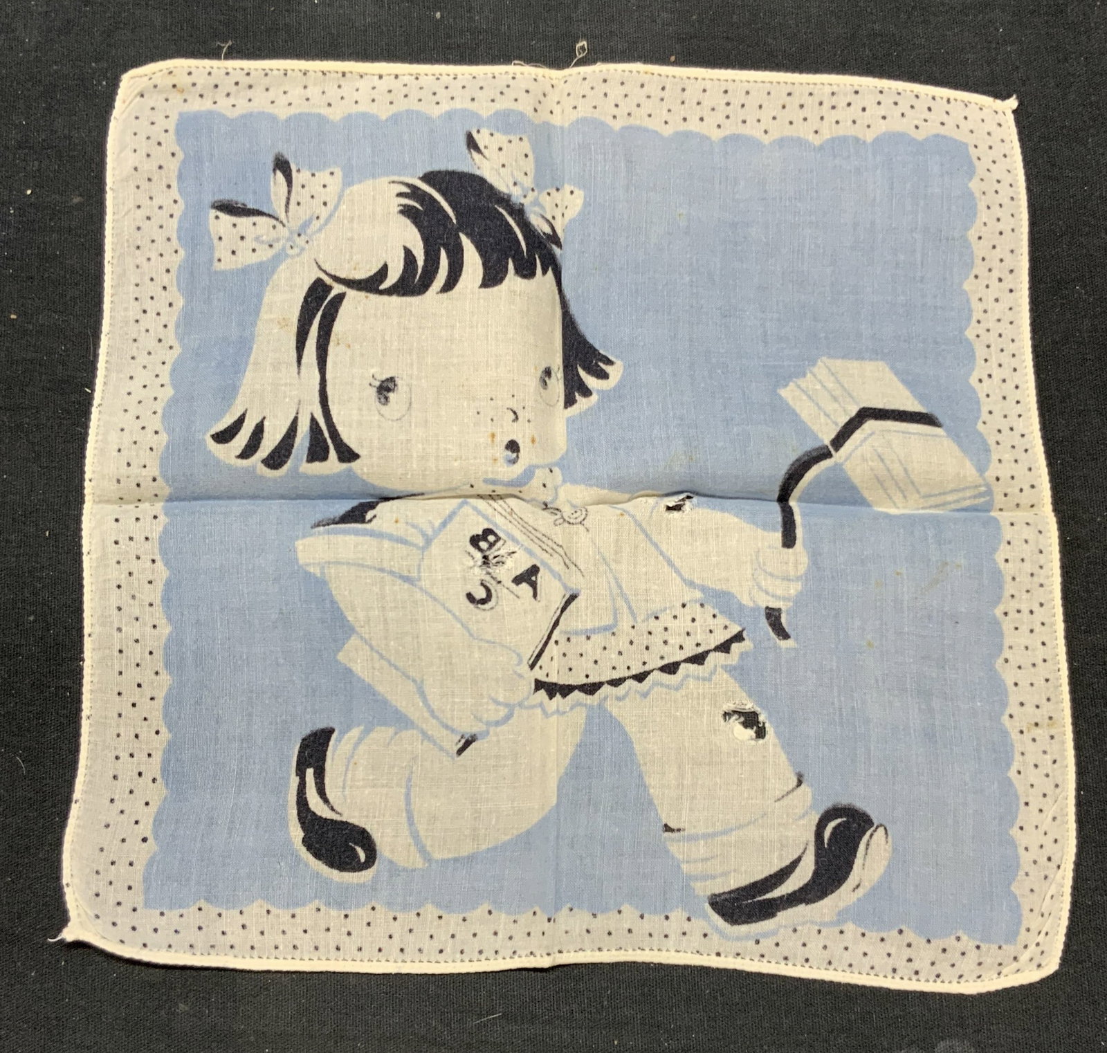 Vintage Blue Cotton Figural Print Handkerchief: Vintage blue and white Figural print handkerchief. Material feels like cotton. Measures approx. 8.25 x 8.25 inches. Some wear to material and small holes consistent with exposure. Handkerchief, vintag