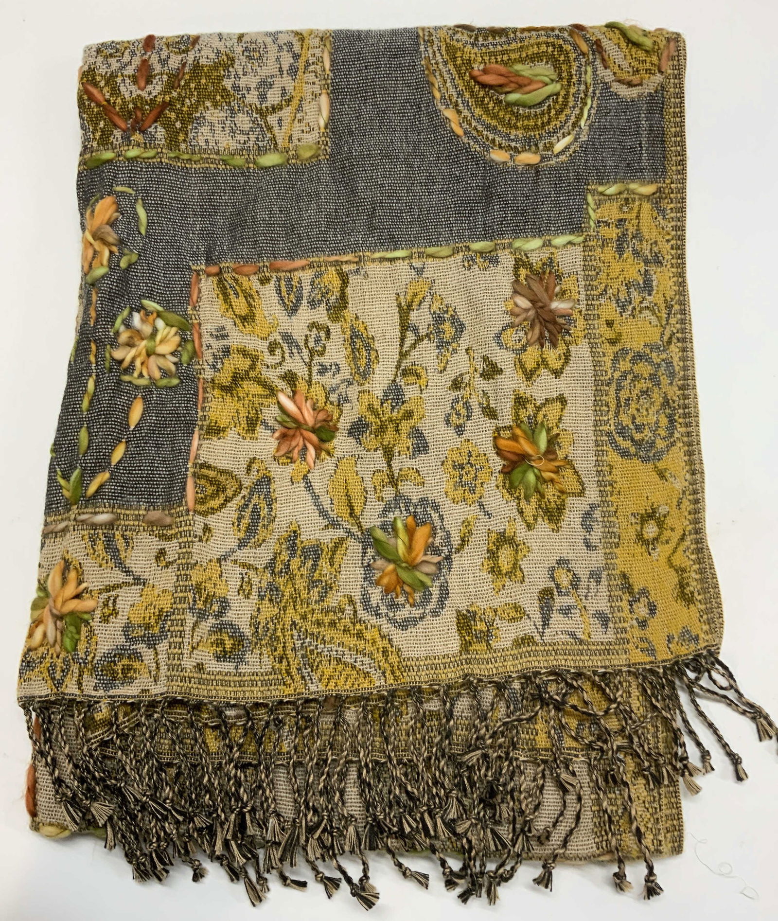 East Asian Yarn Embroidered  Shawl w Tassels (1 of 8)