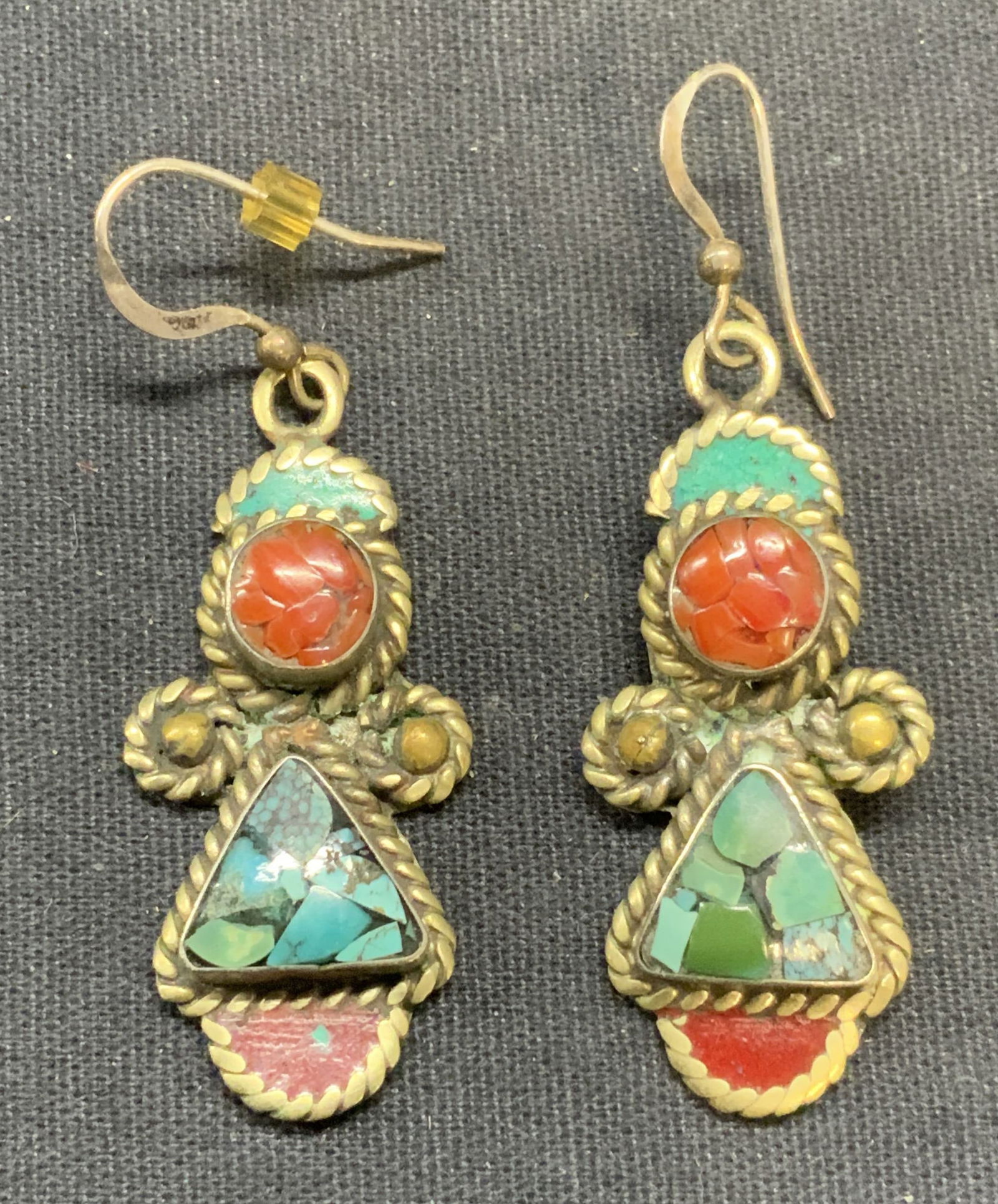 Vintage Silver Tone Turquoise & Coral Earrings (1 of 6)
