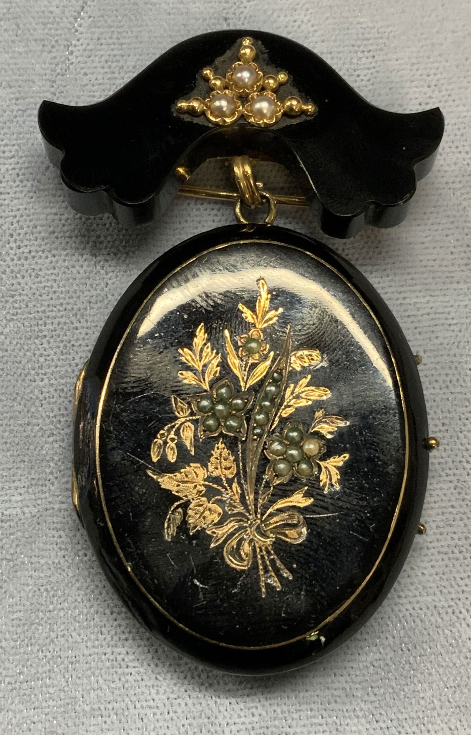 Gold Tone Black Enameled Flower Locket Brooch (1 of 6)