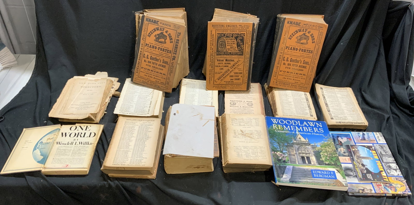 Lot 16 Antique & Vintage Books: Lot includes 16 books. Some antique, some vintage. Includes 3 Trows General Directory, One World By Wendell L Willkie, pages of The New York Directory, Woodlawn Remembers Cemetery of American History 