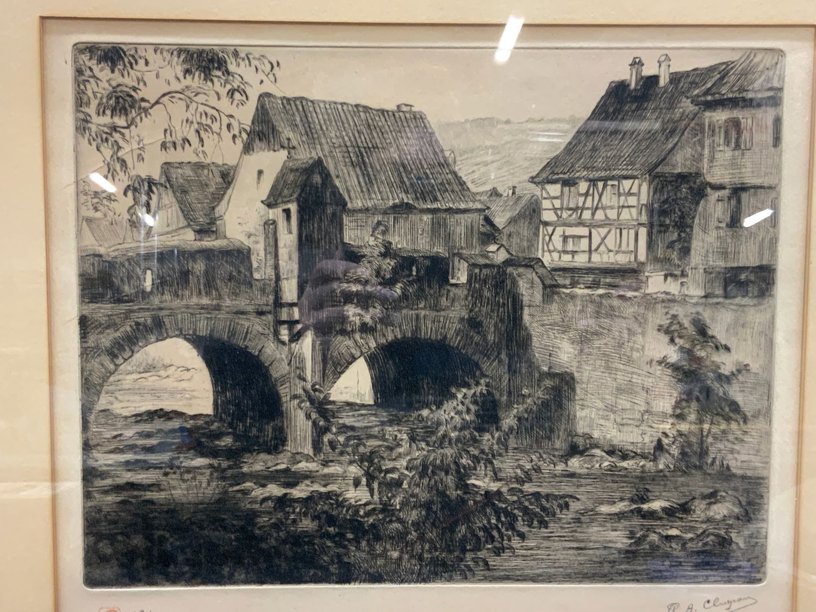 Signed Framed Village Bridge Scene Etching (1 of 6)