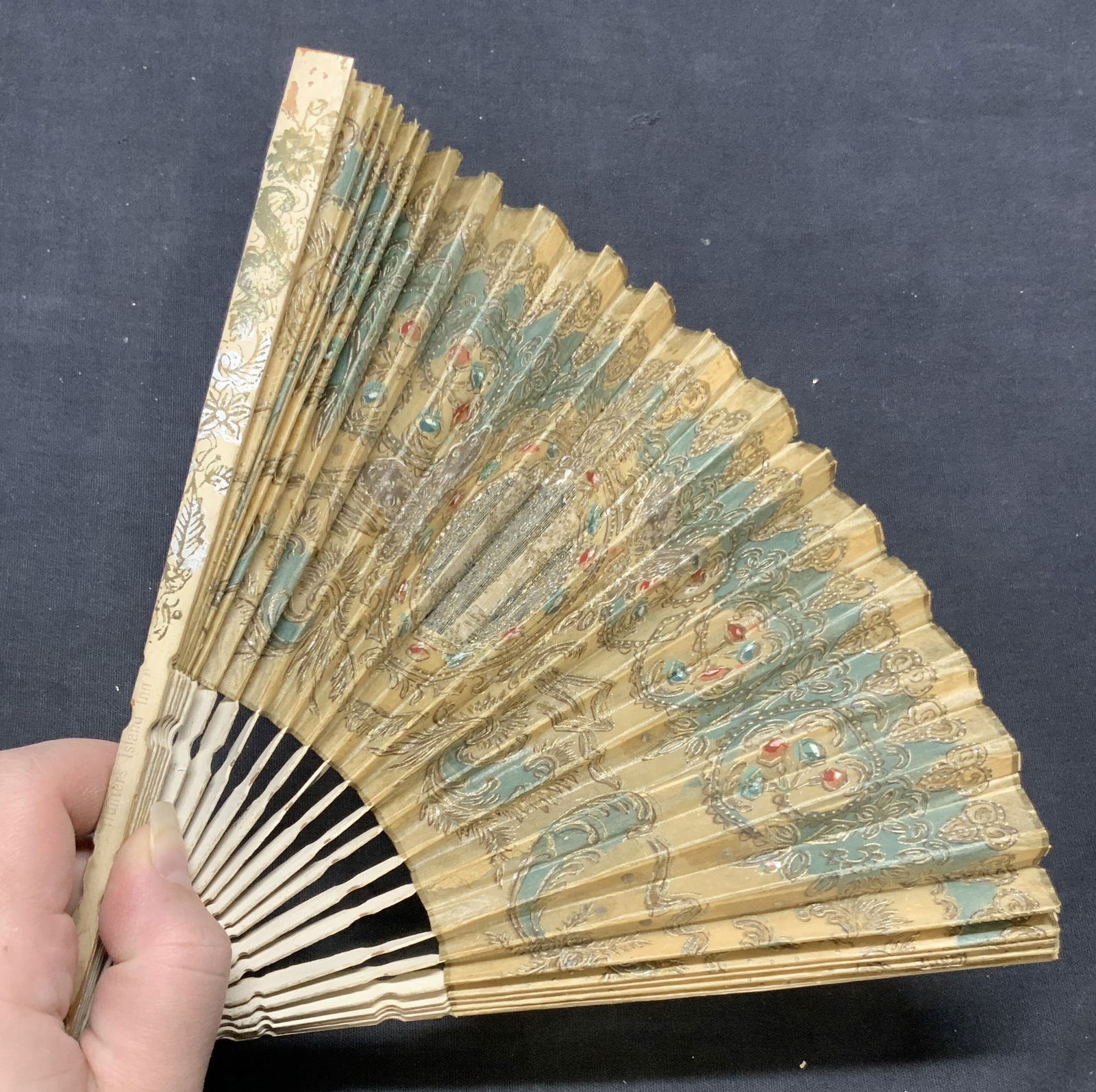 Antique Hand Painted Blue Scroll Motif Fan (1 of 7)