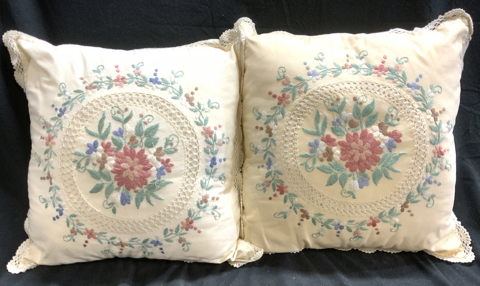 Pair Handmade Embroidered Cotton Floral Pillows (1 of 7)