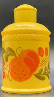 Vintage Avon Pennsylvania Dutch Bath Oil Bottle: Vintage Avon Pennsylvania Dutch Foaming Bath Oil Bottle. Lidded. Crafted from glass. Yellow, orange, and green hues. Some liquid to interior. Measures approx. 4.75H x 2.75W in. Some wear