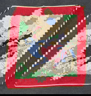 Vintage Red Cotton Bunny Rabbit Handkerchief: Vintage red and white bunny rabbit and bicycle motif handkerchief, material feels like cotton. Measures approx. 8.5 x 9 inches. Some wear to material including blemishes observed. Handkerchief,