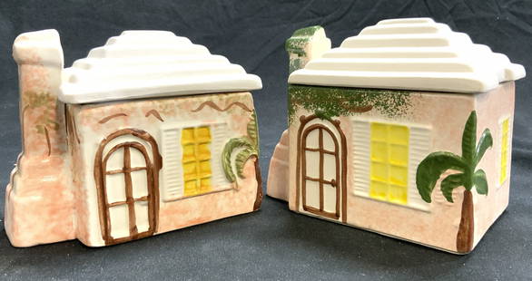 Pr ISLAND POTTERY THE REEFS Ceramic Cottageware: Undersides read ISLAND POTTERY LTD BERMUDA MADE, each are signed THE REEFS. Lot includes 2 lidded vessels. Each have house/cottage form. Each piece includes white toned roof form lid. Each piece
