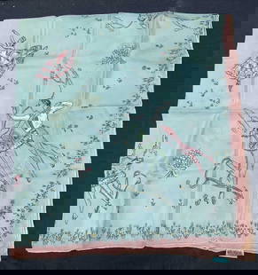 Momme Radium Silk Painted Ballet Scarf, Japan: Marked on tag Momme, Radium silk. Made in Japan Pastel teal and pink with white rolled edges and depicts images of men and women performing ballet. Approx 30 1/2 in by 29 in. Evident blemishes and