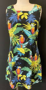 Shannon Marie Tropical Parrot Cotton Dress, Hawaii: Black dress with vibrant color jungle print and parrots. Made in Hawaii . Designer Shannon Marie. 31 in. Long x 30/32 in waist Summer dress, jungle print dress, parrot print dress, summer fashion,