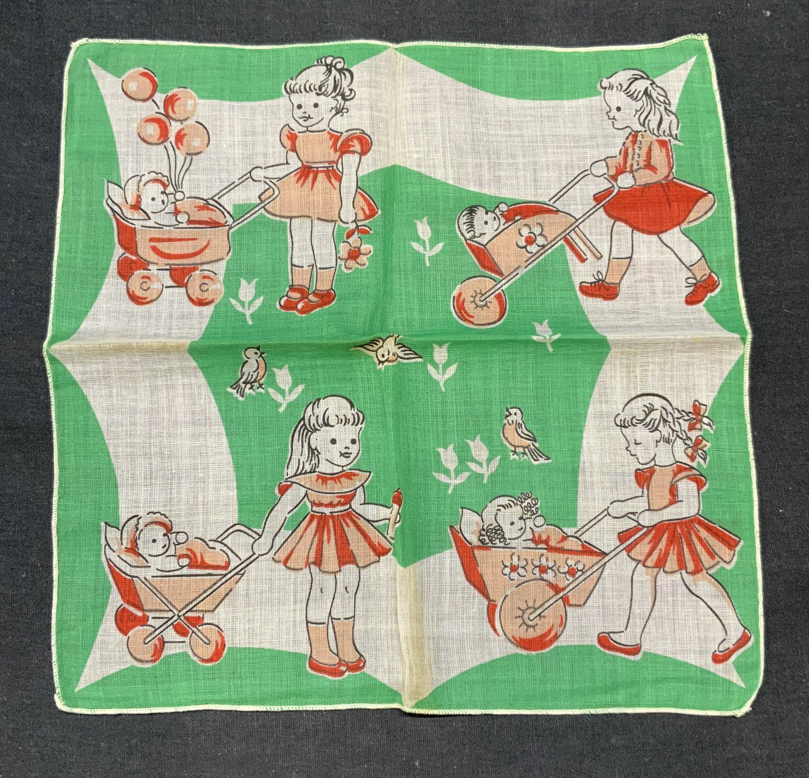 Vintage Green Cotton Figural Child Handkerchief: Vintage green and white figural child motif handkerchief. Material feels like cotton. Measures approx. 9 x 9 inches. Some wear to material including blemishes observed. Handkerchief, vintage handkerch