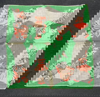 Vintage Green Cotton Figural Child Handkerchief: Vintage green and white figural child motif handkerchief. Material feels like cotton. Measures approx. 9 x 9 inches. Some wear to material including blemishes observed. Handkerchief, vintage