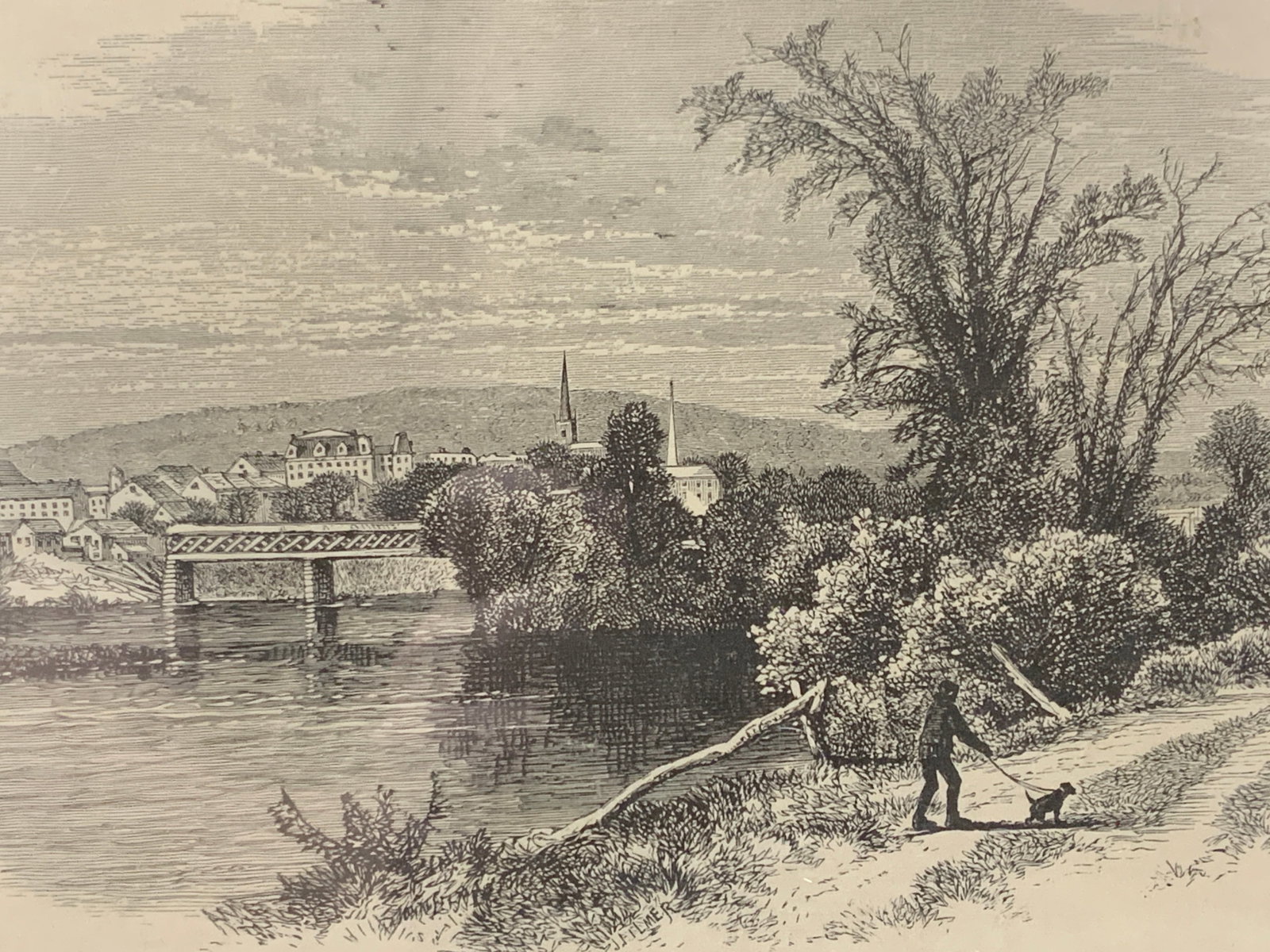 Antq Brattleboro Landscape Plate Engraving 1874: Marked on sticker Appleton & Brattleboro, 1874. Depicts a landscape with a bridge and city in the distance with a man in the foreground walking a dog. No frame. Approx 6 x 8 inches. Moderate discolora
