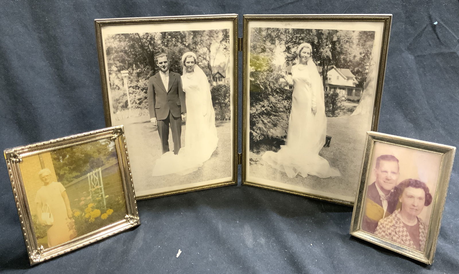Lot 3 Vintage Gilt Metal Picture Frames: Lot includes 1 folding double picture frame, 1 square form frame, & 1 rectangular form frame. Each frame stands their own. Largest frame measures approximately 10 inches wide when fully open 7 inches