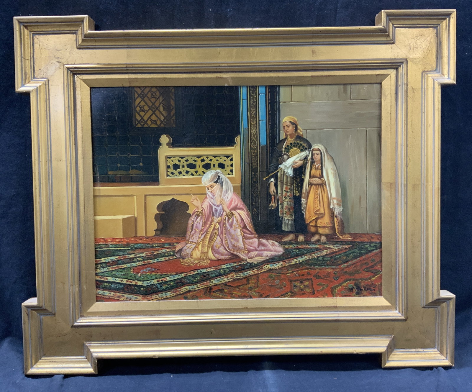 K.Robinson Sgd Praying Persian Woman Oil Painting: Signed on lower right corner K.Robinson. Depicts a reproduction in oil paint of a 1878 wood print, Turkish woman praying in the green mosque. Depicts the woman in Pink and gold praying with an attenda