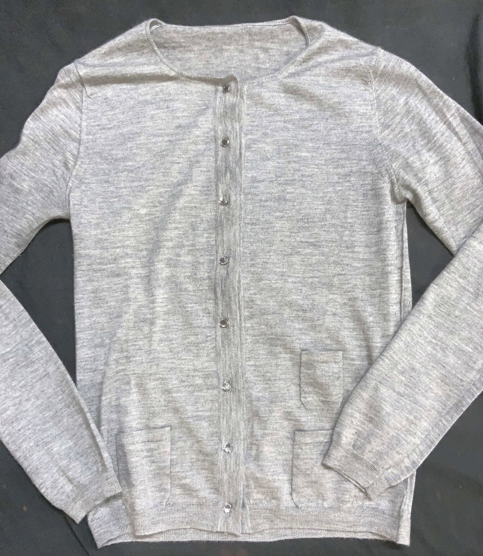 Cruciani Cashmere & Silk Cardigan, Italy: Luxury lightweight Cruciani Italian designer grey cardigan. 70% cashmere, 30% silk. Size 40. Faceted crystal globe buttons. Made in Italy. Label affixed. Made in Italy clothing, Wearables , Casual kni