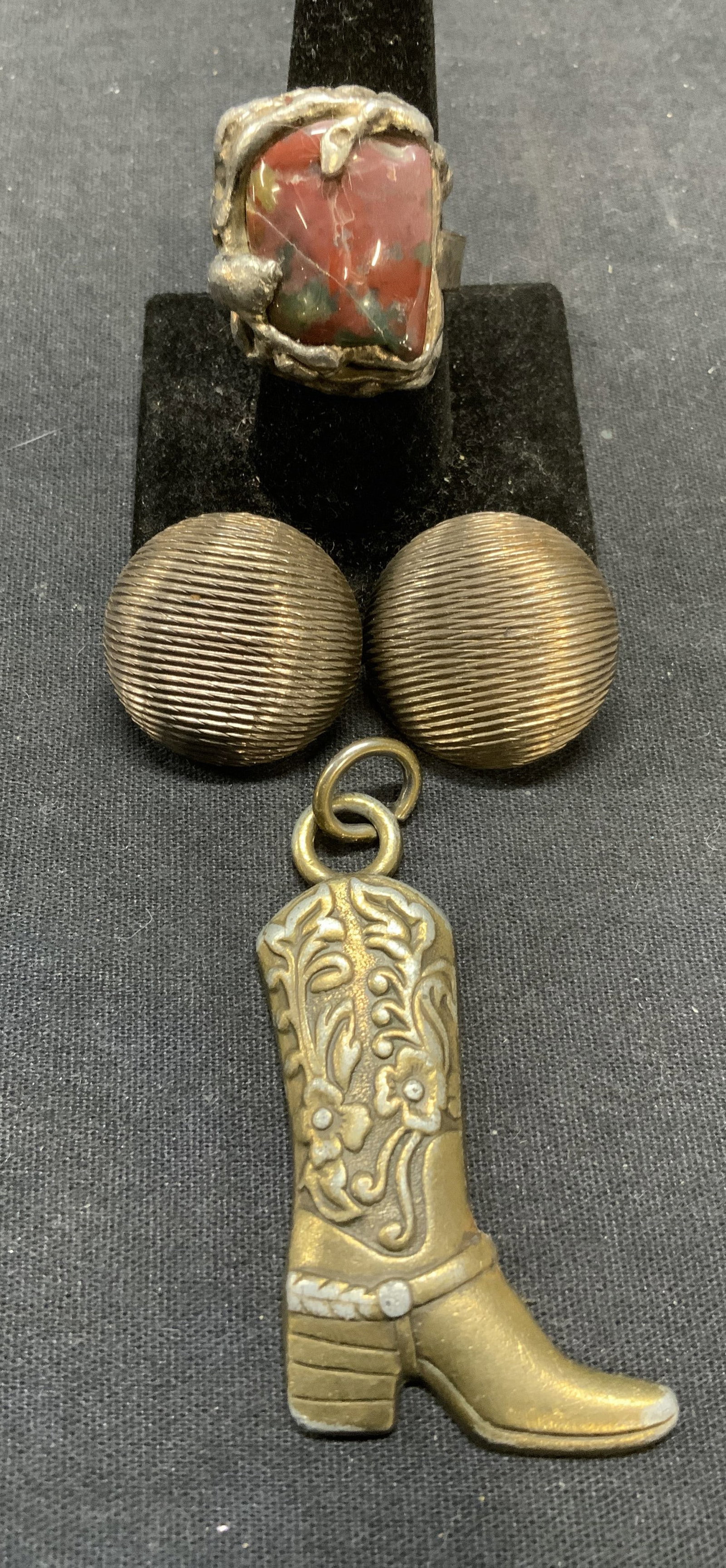 Lot 3 DS Sterling Silver Ring, Sterling Earrings +: Lot of 3 jewelry pieces. Vintage DS Dansk Smykkekunst sterling silver sculptural ring with red stone. Signed and marked 925 to interior. Made in Denmark. Adjustable band. Setting measures approx. 1 in