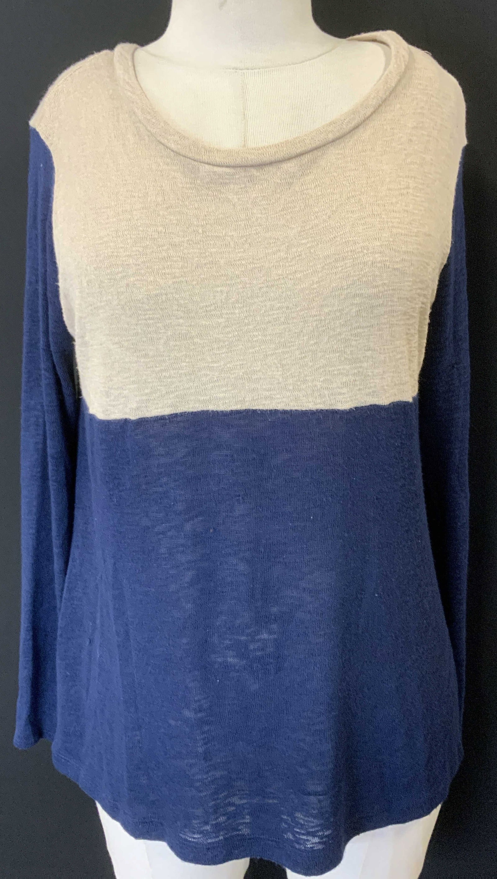 AQUA Lightweight Knit Top, USA: Color block Aqua polyester and rayon navy and beige knit top, long sleeves. Size XL . Made in USA lightweight and light wear. Wearables , Casual wear, Designer Aqua , knitwear, lightweight sweater, vi