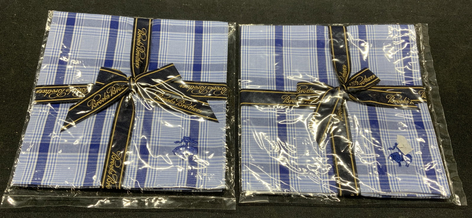 Lot 2 Brooks Brothers Blue Plaid Scarves NIP: Lot of 2 Brooks Brothers blue plaid pattern scarves. New in sealed packaging. Not examined out of packaging. Material appears to be cotton. Measure approx. 5.75 x 5.5 inches each, folded. Brooks broth