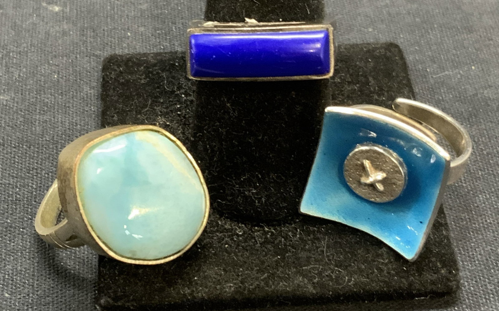 Lot 3 Embla Sterling Silver Ring, Lapis Ring +: Lot of 3 jewelry pieces. Vintage Embla sterling silver ring with enamel decoration. Signed and marked 925. Adjustable band. Total weight 8.6 grams. Vintage sterling silver ring with lapis gemstone. Ma