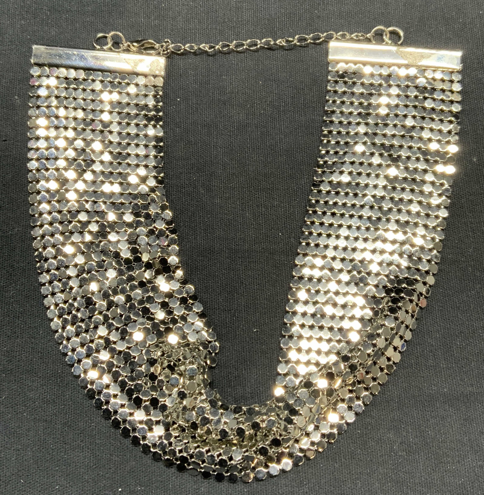 Vintage Silver Tone Mesh Chain Choker Necklace: Vintage silver tone mesh chain choker necklace. Drop length approx. 6.5 inches. Some surface wear including scratching observed. Estate jewelry, costume jewelry, cocktail jewelry, fashion jewelry, acc