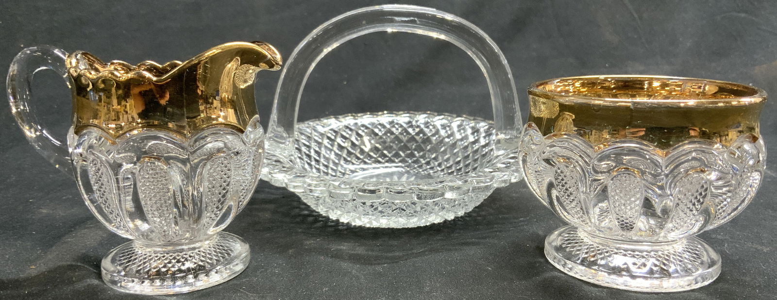 Lot 3 Glass Gilt Rim Creamer Sugar & Basket (1 of 6)