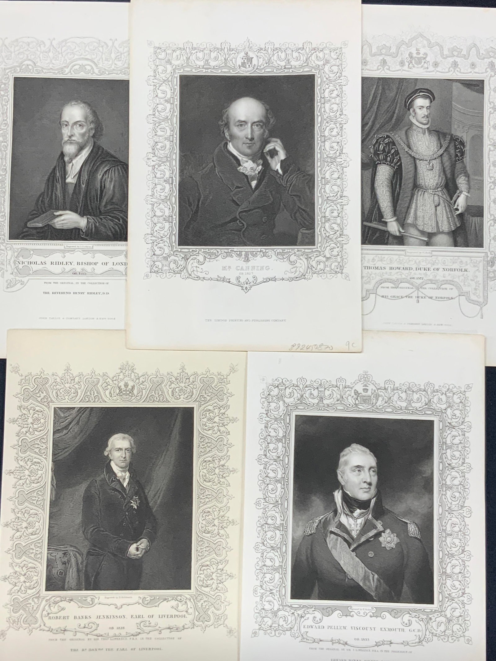 Lot 5 Antq London Printing Co. Portrait Engravings: Lot of 5 antique portrait engravings in black and white, all marked The London printing and publishing company, limited. Ranging in engravers and artists. No frames. Approx 10 x 6.5 and 9 x 6 inches. 