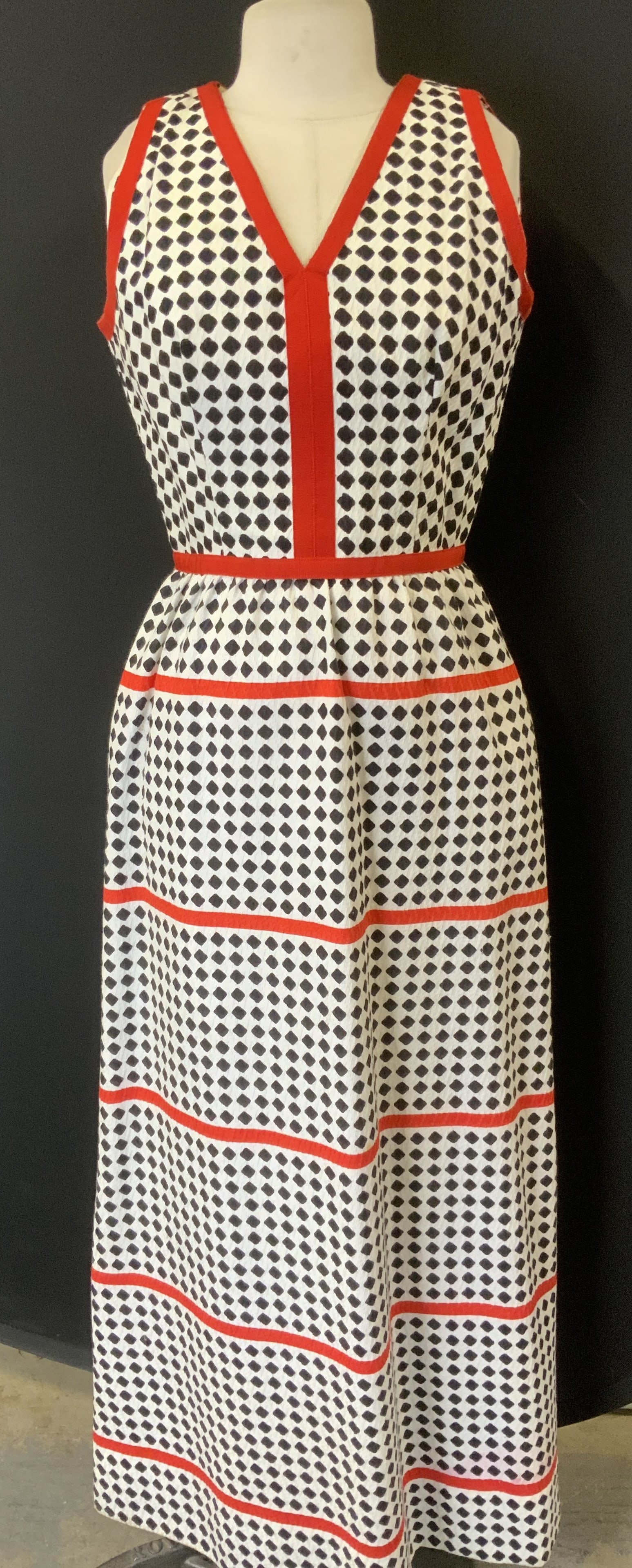Carlye Ankle Length Vintage Cocktail Dress: Vintage summer cocktail dress, ankle length 55.5 in. Long. Feels like a textured cotton. White with reticulated black diamond - style pattern accented with red stripes and trim. Waist 26 in. Lined fro