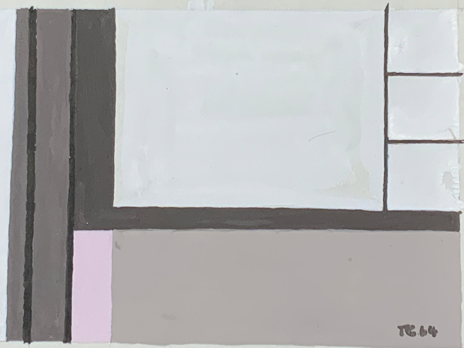 Tc 64 Geometric Acrylic Painting: Marked TC 64 on lower left corner. A geometric acrylic painting on paper. Approx 6 x 8 inches. Artwork measures 4 x 3 inches Evident wearing to paper and blemishes. Signed artwork, signed art, signed 