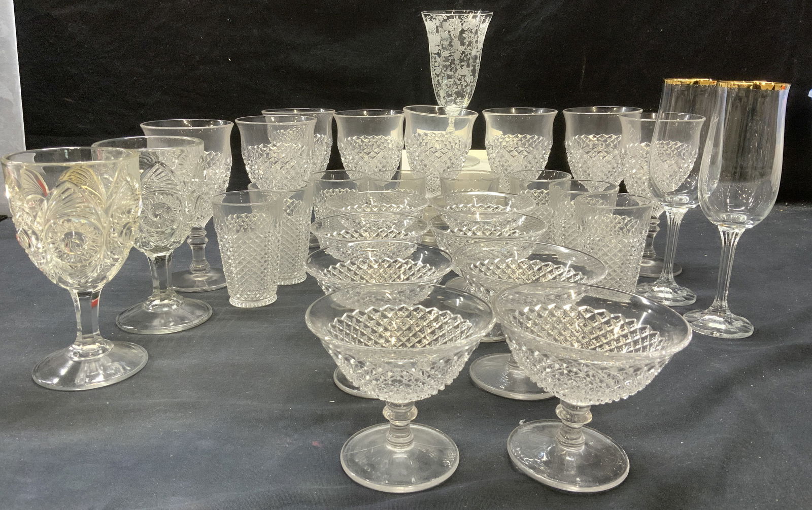 WESTMORELAND Hobnail Diamond Glassware Set 29: Westmoreland England Vintage pressed diamond hobnail glassware set. Mid century , c. 1960s. Made in England. Depression Glass cocktail set. Additional pair of vintage hand cut glass goblets with patte
