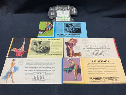 Lot 5 Vtg Pin Up Girl Adverts: Lot of 5 vintage pin up girl adverts for the Cleveland Switchboard co. Depicting various pin up girls on the corners of the paper adverts created by Earl Moran. Approx 9 x 4 inches Moderate wearing to