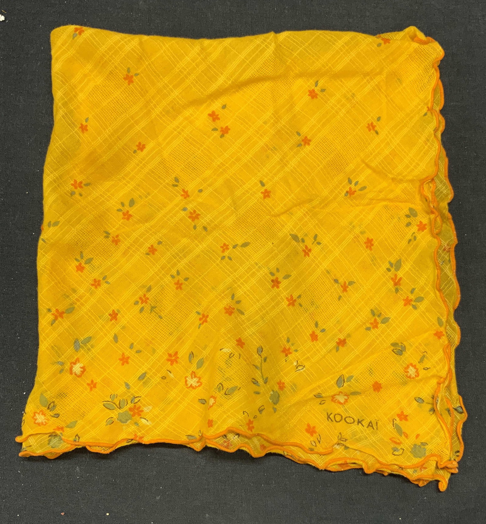 Kookai Yellow Floral Print Scarf: Kookai yellow floral print scarf. Material feels like cotton. Signed on right corned. Measures approx. 21.5 x 22 inches. Some wear to material consistent with exposure. Kookai, Kookai scarf, ladies de