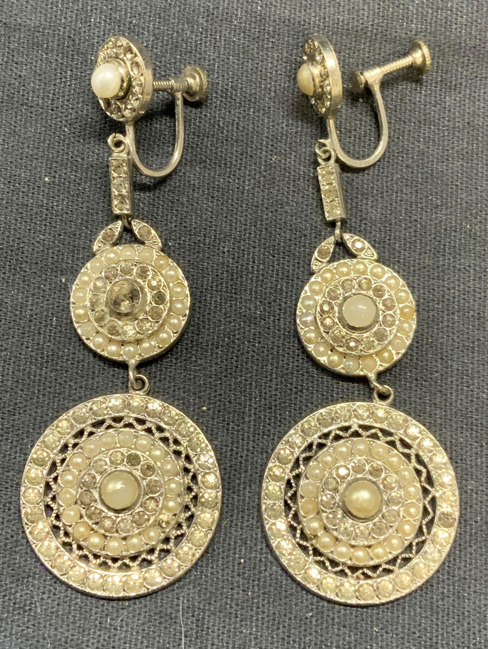 Signed Silver Tone Faux Pearl Crystal Earrings (1 of 7)