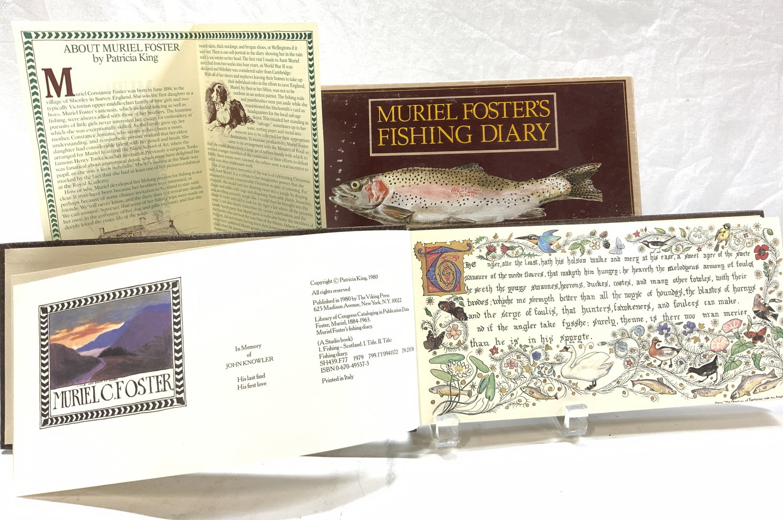 Muriel Fosters Fishing Diary by Patricia King: c. 1980 Leather covered antique fishing diary of Muriel Foster . Published by her niece Patricia King. in the original box. In like- new condition. Measures 10.5 x 5 in. x 1 in. thick. Contains over 3