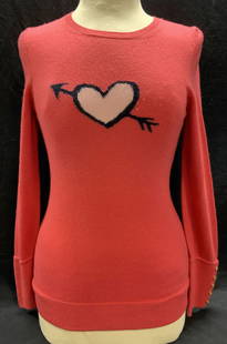 Lilly Pulitzer Pink Heart Sweater: Lilly Pulitzer pink heart motif knit sweater. Button detail on sleeves. Size S. Nylon blend. Some wear to material consistent with exposure. Lilly Pulitzer, Lilly Pulitzer sweater, ladies designer swe