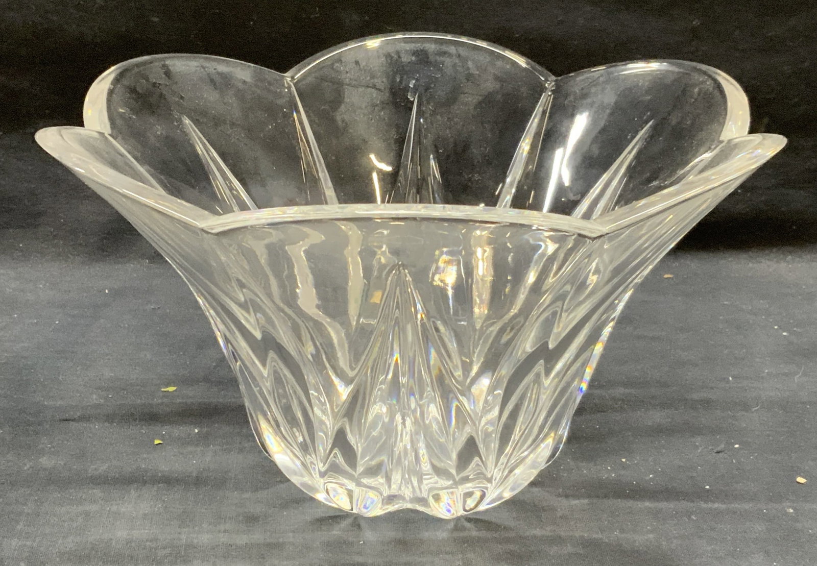 Vintage Lenox Crystal Scalloped Bowl: Vintage Lenox crystal bowl with scalloped rim. Thick walled crystal, piece has weight. Measures approx. 9.5 x 5.25 inches. Some surface wear including scratching observed. Lenox, Lenox crystal, Lenox 