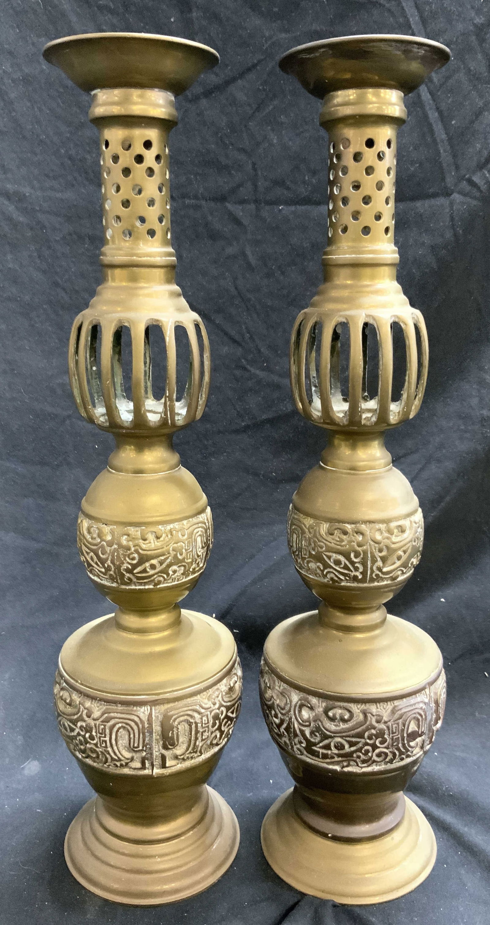 Pair Gilt Metal Boho Moroccan Candlesticks 14.5in (1 of 7)