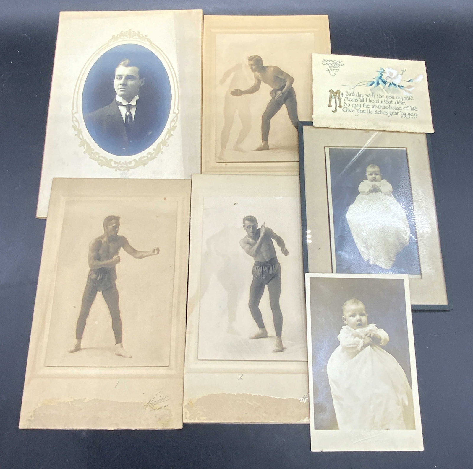 Lot 7 Antique Photographs & Ephemera, Sepia +: Seven pieces of antique photographs and ephemera. Some photos are sepia toned. Photographs are of a man and there are also images of an infant. Other ephemera includes a birthday card and a postcard. 