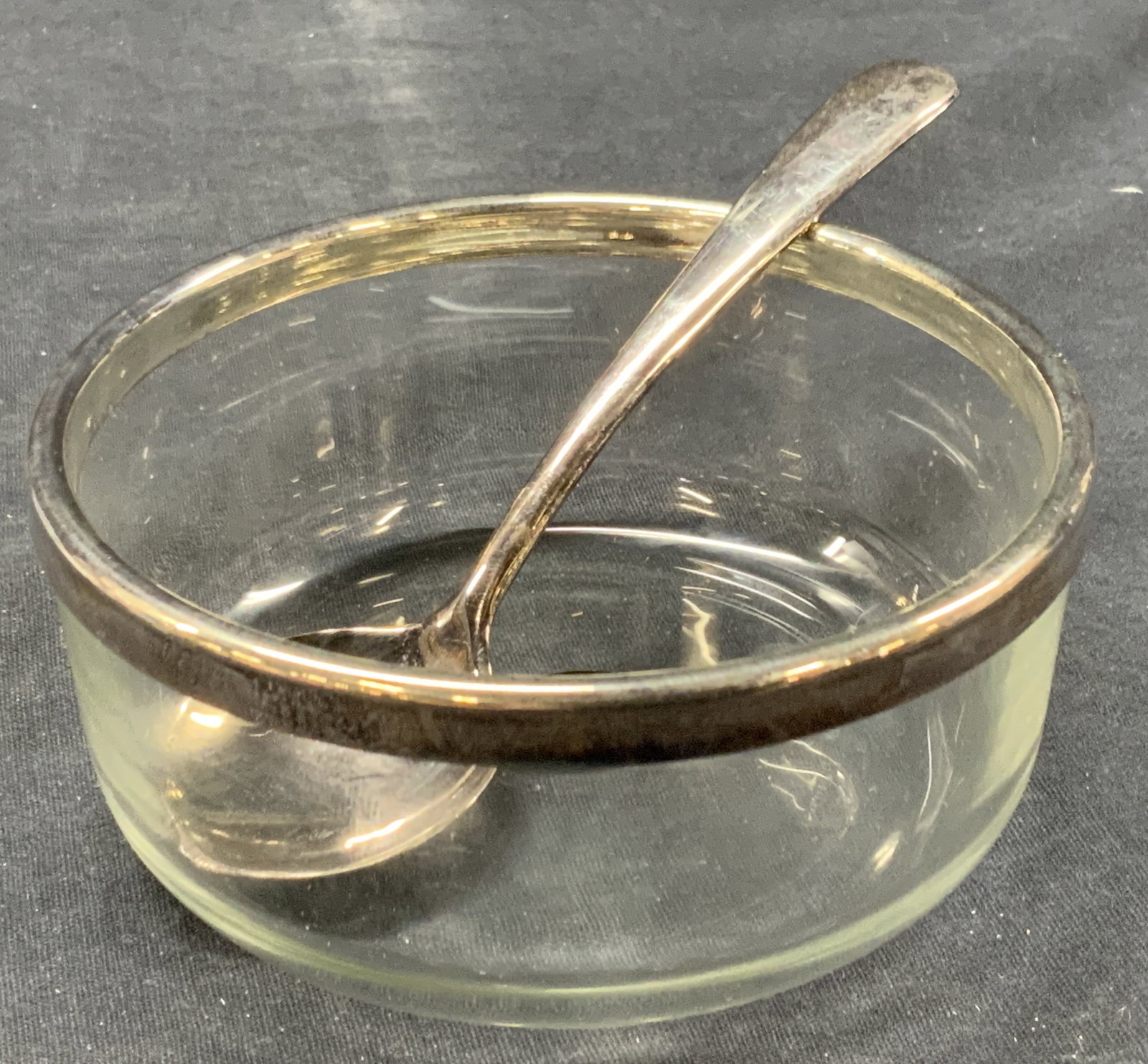 Sheraton BORMIOLI Silver Plate Glass W Spoon: Marked on sticker, Sheraton, silver plate. Glass is marked BORMIOLI Rocco. Approx 2 inches tall and 5 inch diameter, comes with silver plate spoon, marked Italy. Approx 6 inches long. Moderate wearing