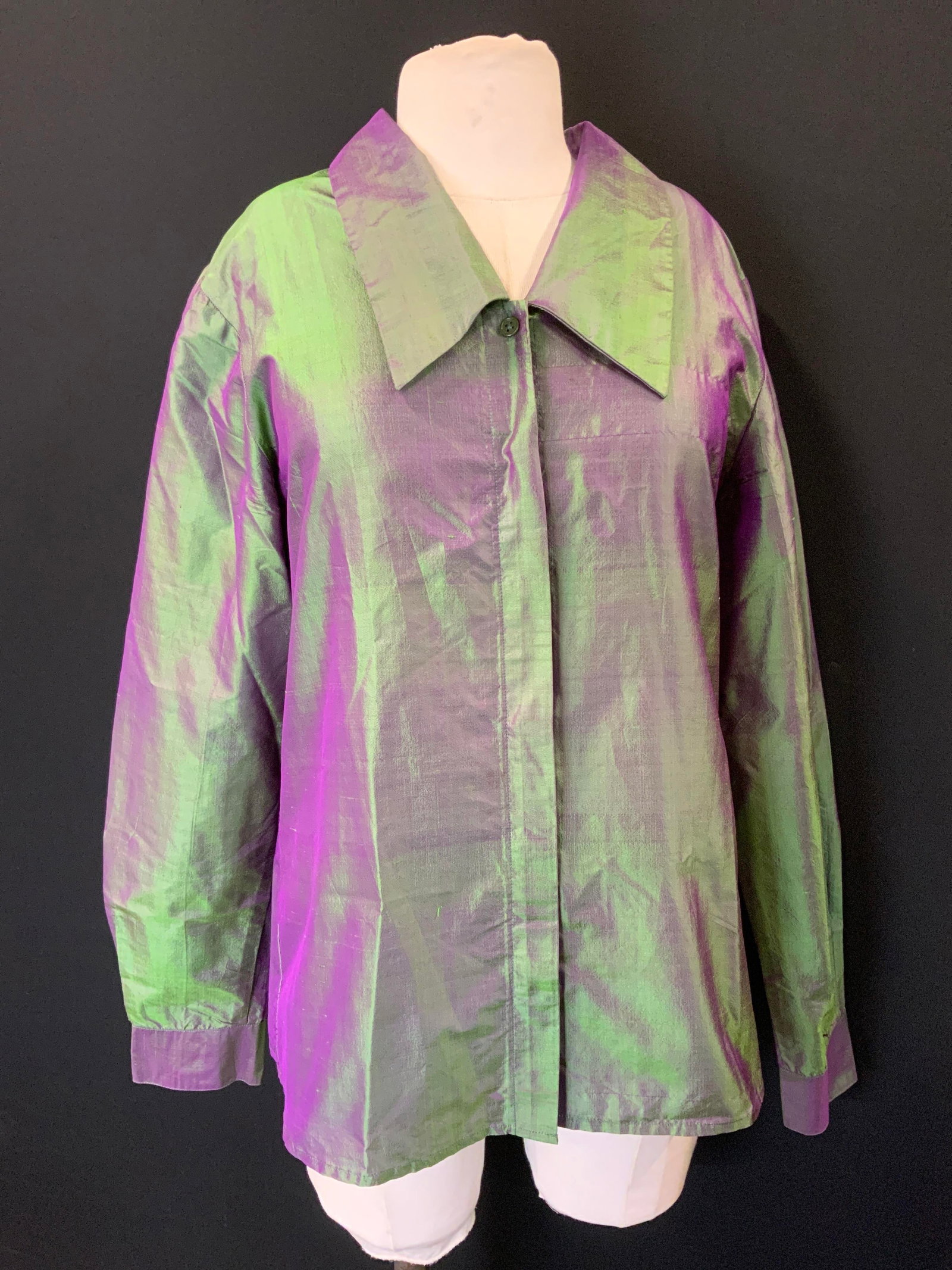 Iridescent Silk Taffeta Button Up Shirt: Green/ magenta iridescent silk collared shirt, long sleeve, button up with double button cuffs. No label. Measures 36 in waist, 25 in. Long Vintage wear, estate wear, wearables, ladies iridescent silk