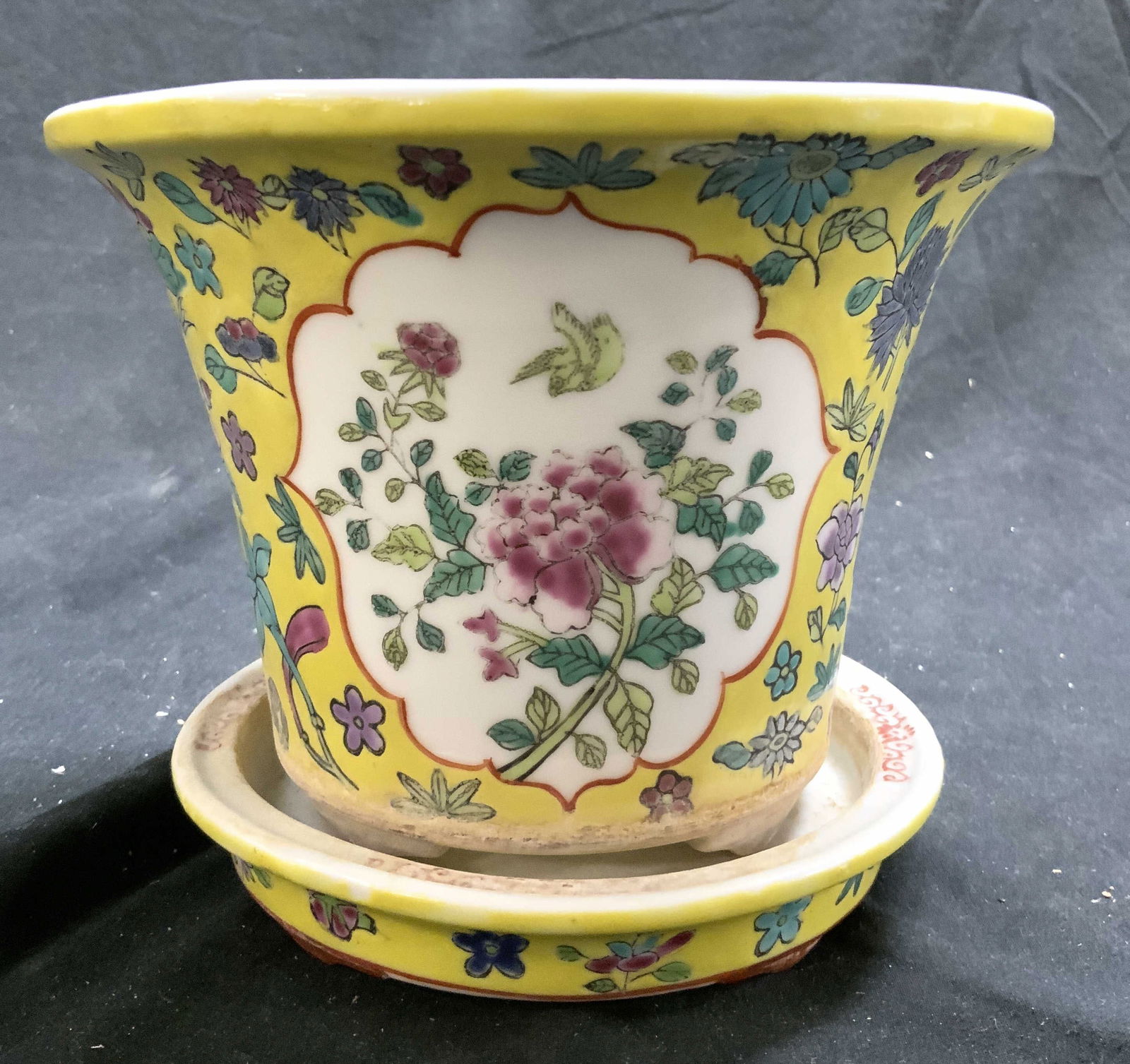 Vtg H Painted Asian Porc Planter & Drainage Dish (1 of 6)