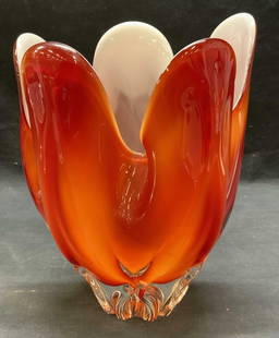 Vintage Red Art Glass Vase: Vintage red art glass vase with pulled scalloped rim. Thick walled glass, piece has weight. Measures approx. 7 x 9 inches. Some surface wear including scratching observed. Art glass, art glass